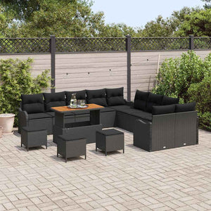 Schwarzes Poly-Rattan Garten-Sofa-Set mit Kissen, 14-teilig