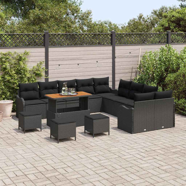 Schwarzes Poly-Rattan Garten-Sofa-Set mit Kissen, 14-teilig