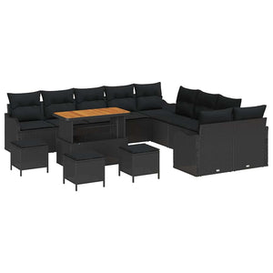 Schwarzes Poly-Rattan Garten-Sofa-Set mit Kissen, 14-teilig