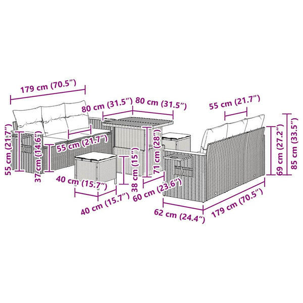 Gartensofa Set mit Kissen, Beige/Hellgrau, 9-teilig