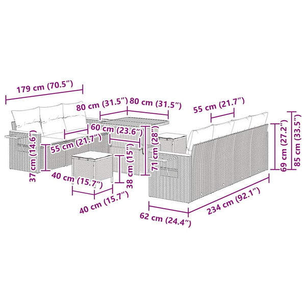 Gartensofa Set Beige/Hellgrau mit Kissen, 10-teilig