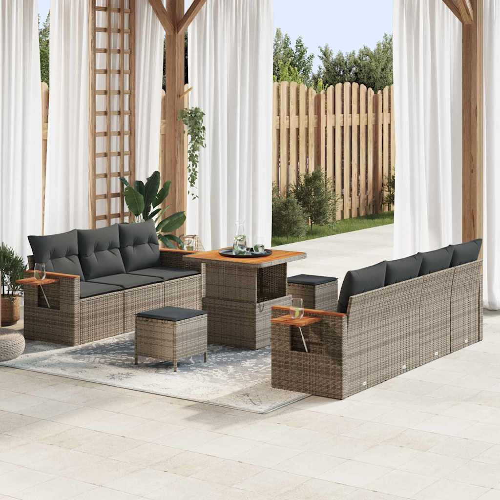 Gartensofa Set Grau mit Kissen, 10-teilig