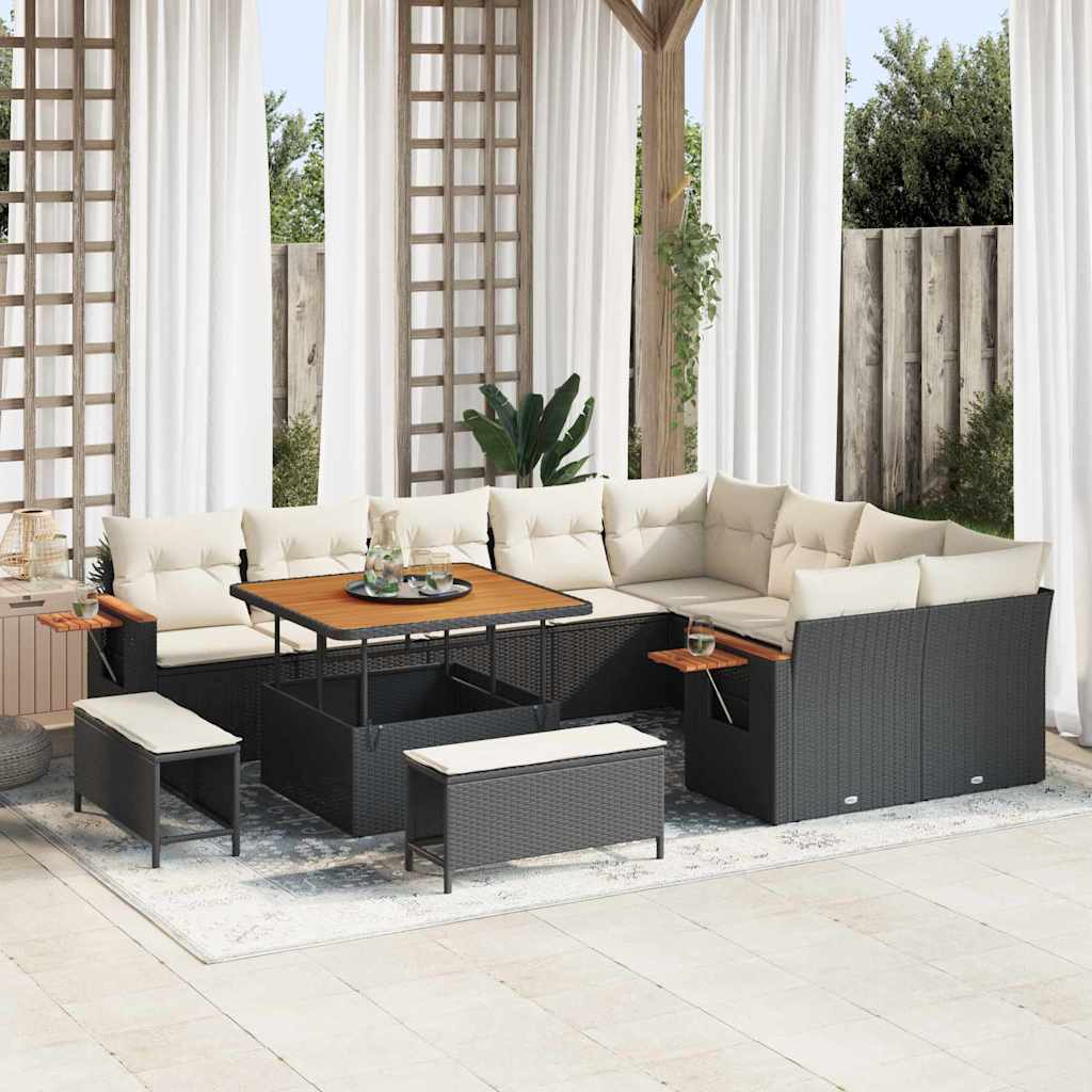 Gartensofa Set Schwarz Creme mit Kissen