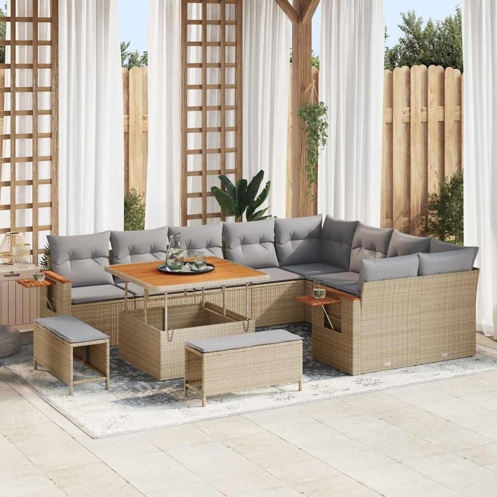 Gartensofa Set mit Kissen, Beige/Hellgrau, 12-teilig