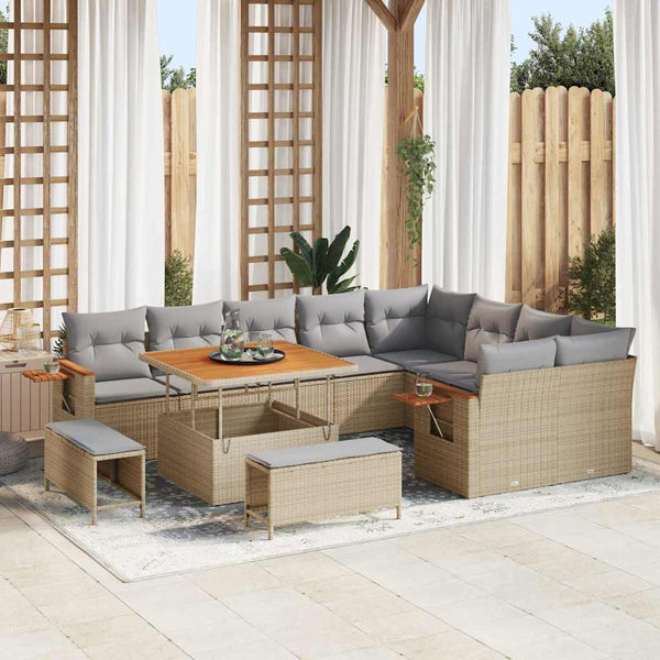 Gartensofa Set mit Kissen, Beige/Hellgrau, 12-teilig