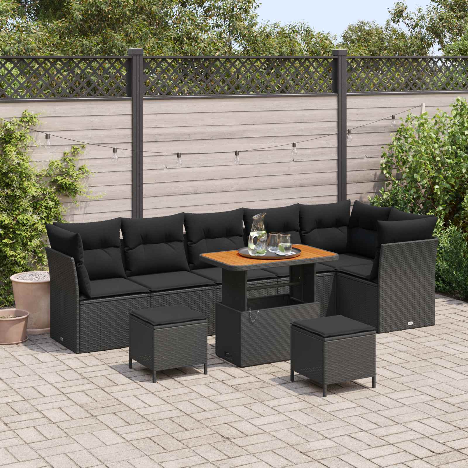 Garten Sofa Set Schwarz mit Kissen 9-teilig