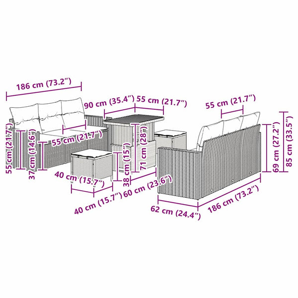 Garten Sofa Set 9-teilig Schwarz/Hellgrau