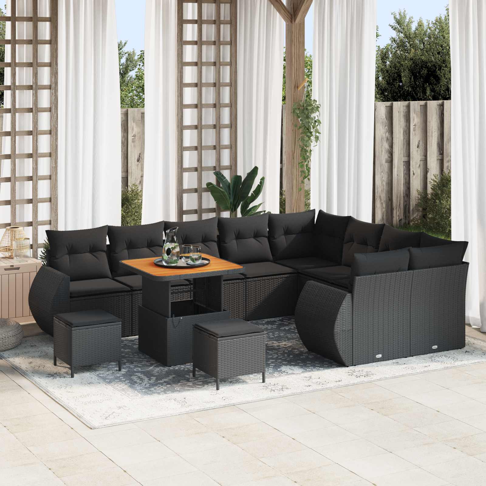 Gartensofa Set Schwarz Poly Rattan mit Kissen