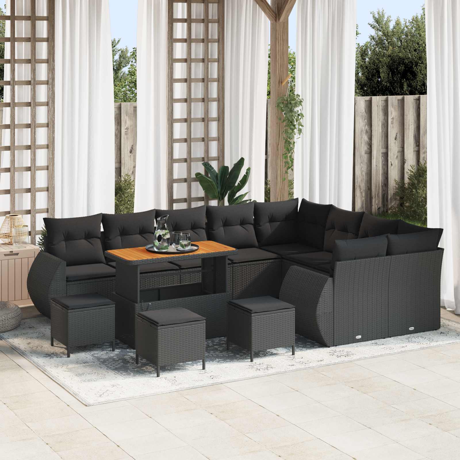 Gartensofa Set Schwarz Poly Rattan 13-teilig