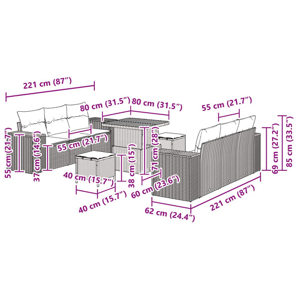 Gartensofa Set Schwarz Poly Rattan mit Kissen