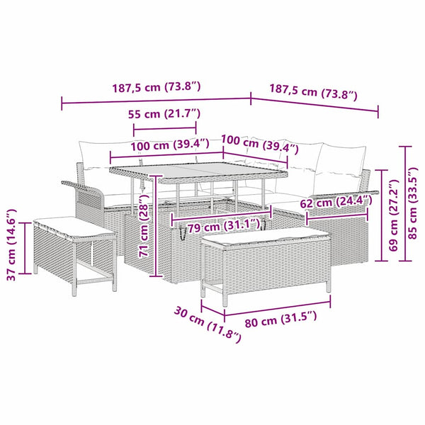 Garten Sofa Set Grau mit Kissen & Stauraum