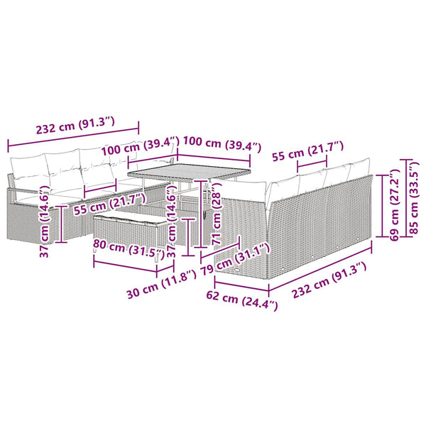 Garten Sofa Set Schwarz mit Kissen 100x100 cm