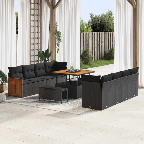 Schwarzes Poly-Rattan Gartensofa-Set mit Kissen