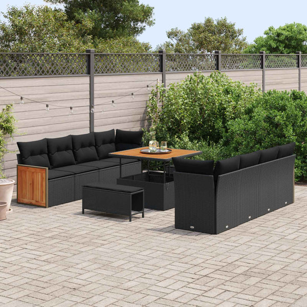 Schwarzes Poly-Rattan Gartensofa-Set mit Kissen