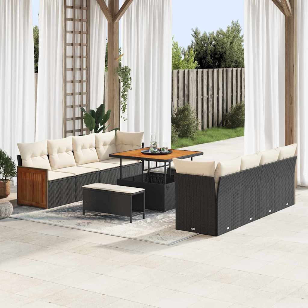 Gartensofa Set Schwarz Creme Poly-Rattan