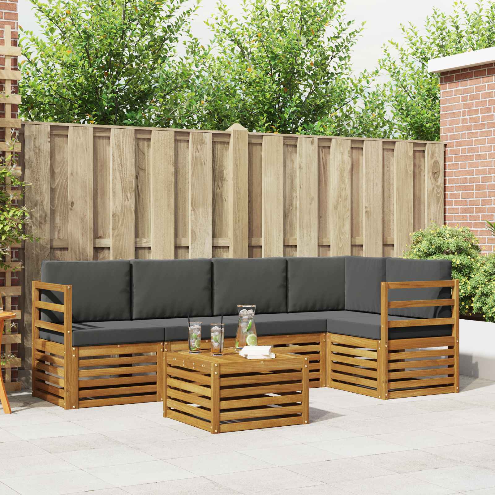 Ecksofa Set 6-teilig Akazie Natur Anthrazit