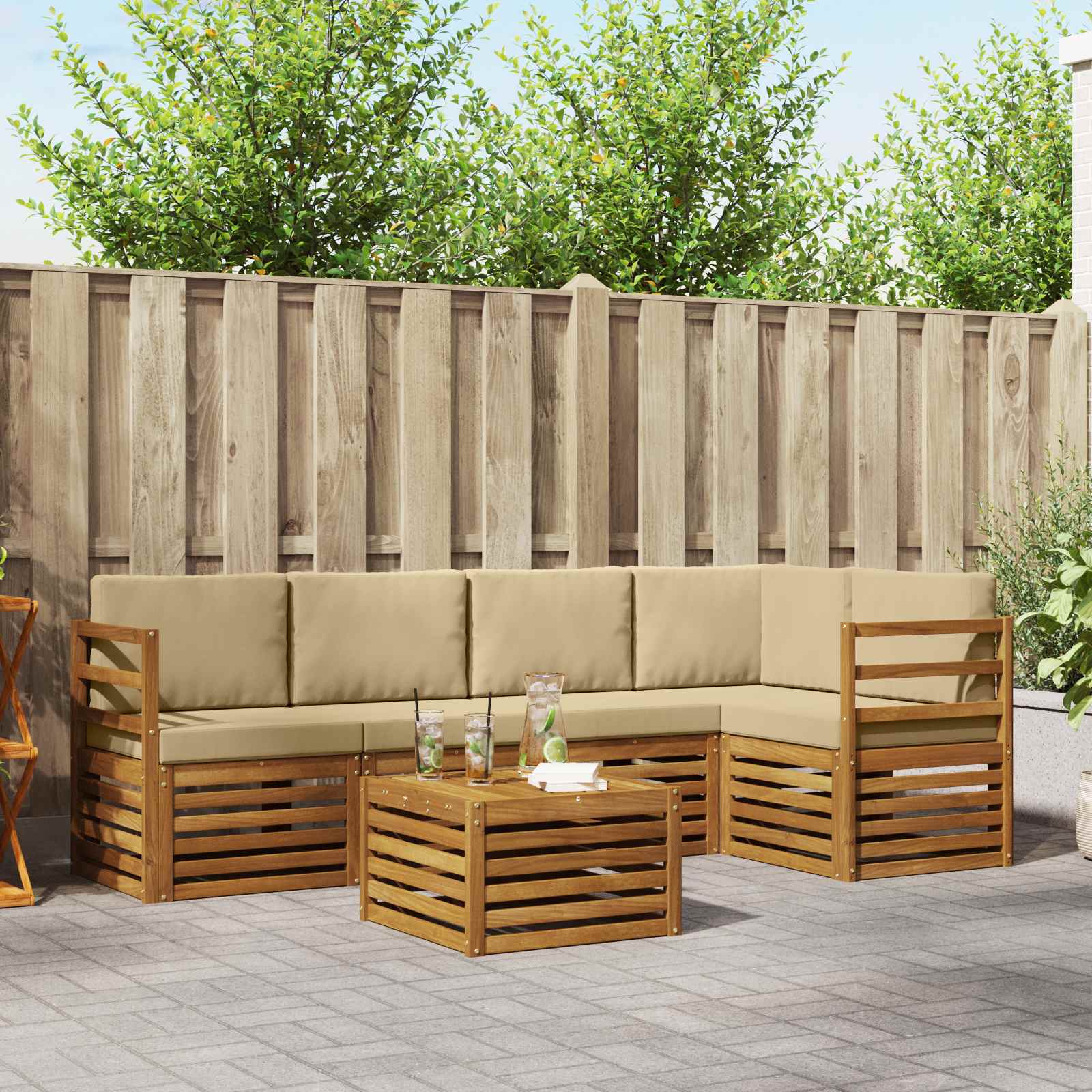 Ecksofa Set Akazie mit Kissen, 6-teilig