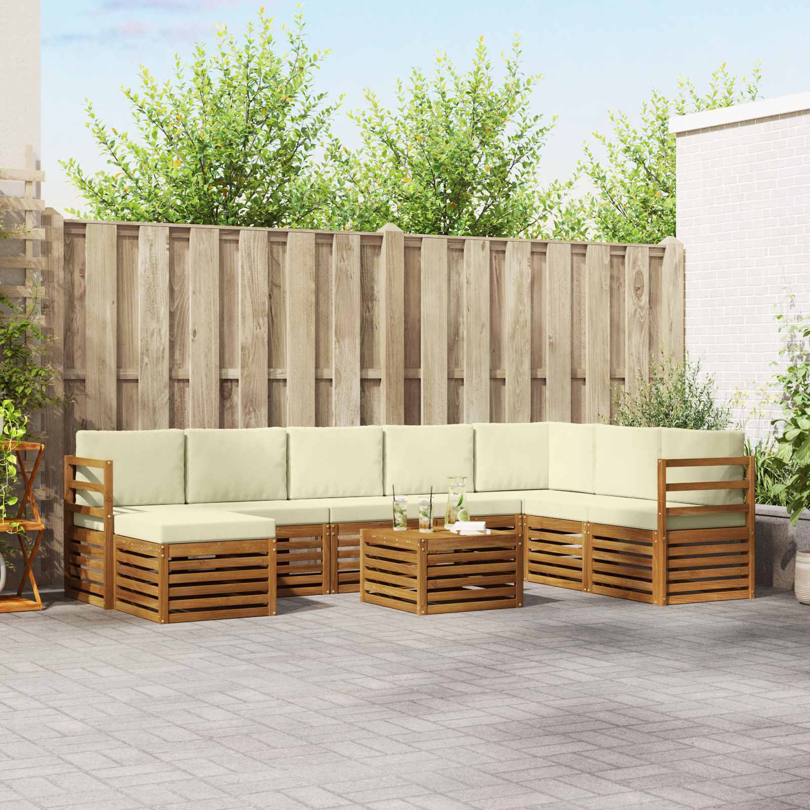 vidaXL Salon d'angle avec coussins 9 pcs Nature et crème Bois d'acacia massif