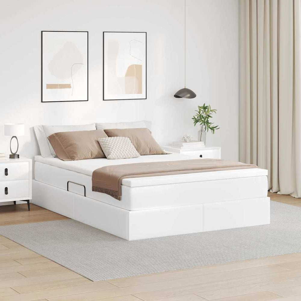 Aufbewahrungsbett mit Matratze 140x190 cm, Weißes Kunstleder