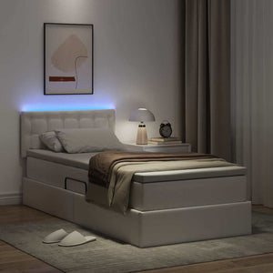 Bett 100x200 mit Stauraum & LED Kunstleder Weiß