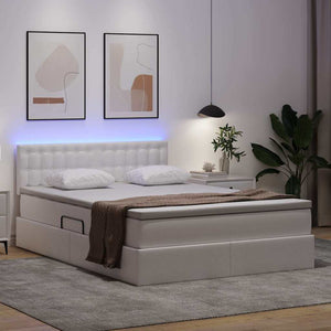 Bett mit Stauraum & LED 140x190 cm Weiß Kunstleder