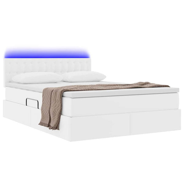 Bett mit Stauraum & LED 140x190 cm Weiß Kunstleder