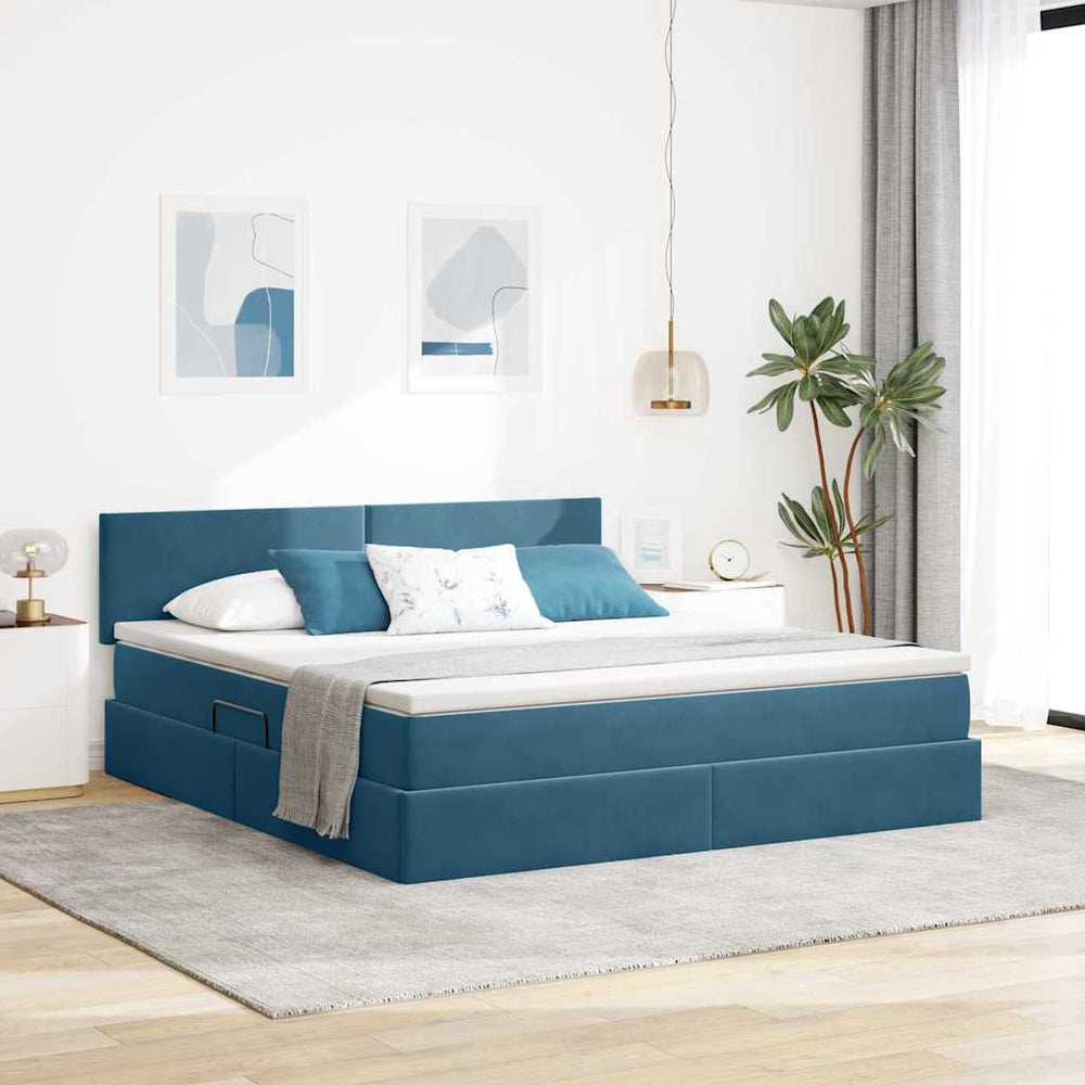 Bett mit Stauraum & LED Dunkelblau Samt 160x200