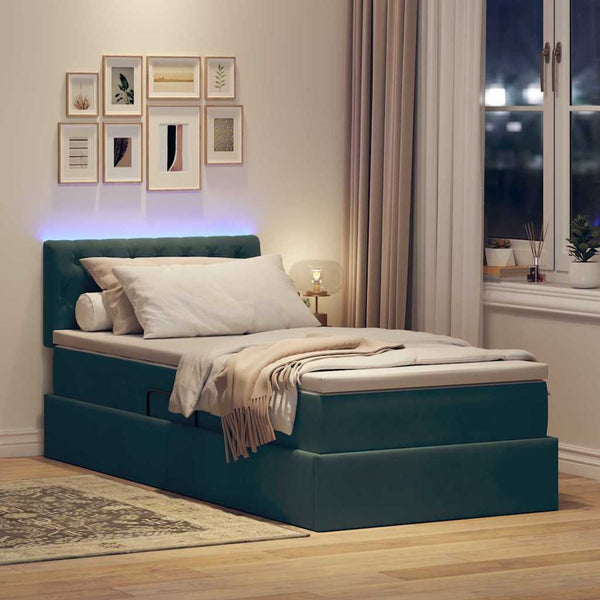 Bett mit Stauraum LED Dunkelgrün 90x200 cm Samt