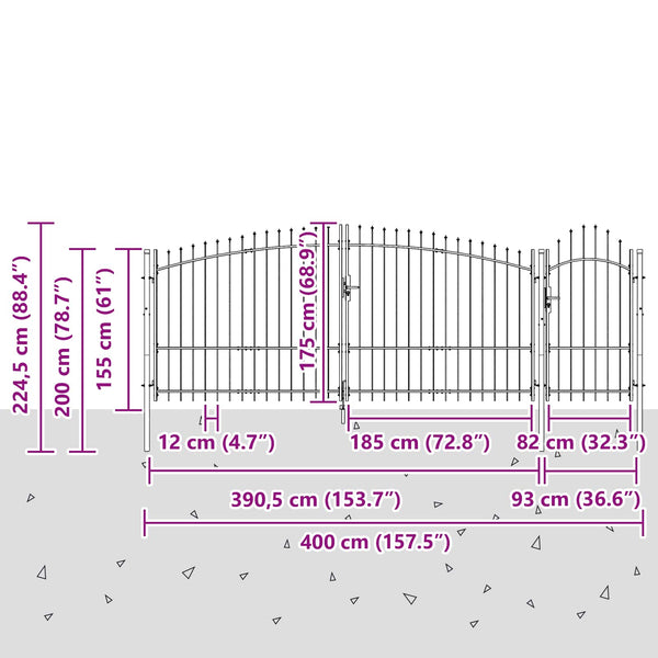 Gartentor Stahl Grau 125x400 cm mit Schloss