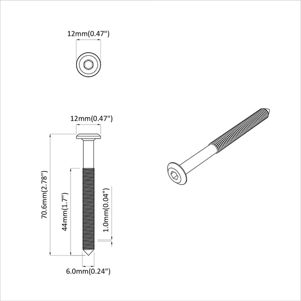 Möbelschrauben M6 x 70 mm, Stahl, Silber, 12 Stk.
