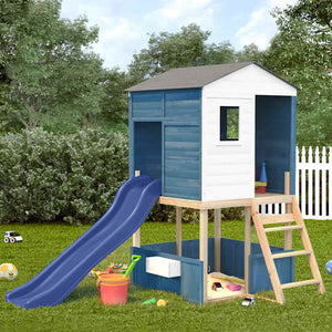 Spielturm aus Holz, Weiß & Blau