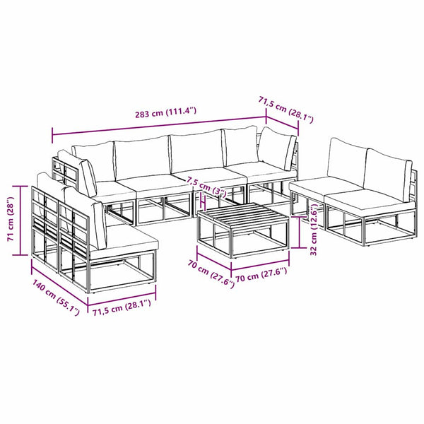 Gartensofa Set Schwarz mit Kissen, 9-teilig