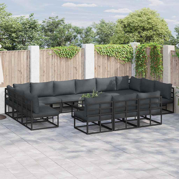 Schwarzes Gartensofa-Set mit Kissen, 14-teilig
