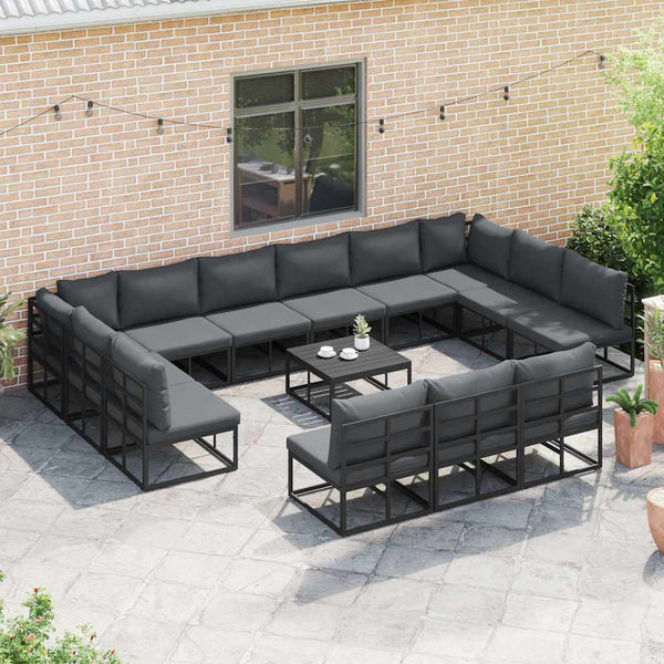 Schwarzes Gartensofa-Set mit Kissen, 14-teilig