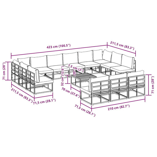 Schwarzes Gartensofa-Set mit Kissen, 14-teilig