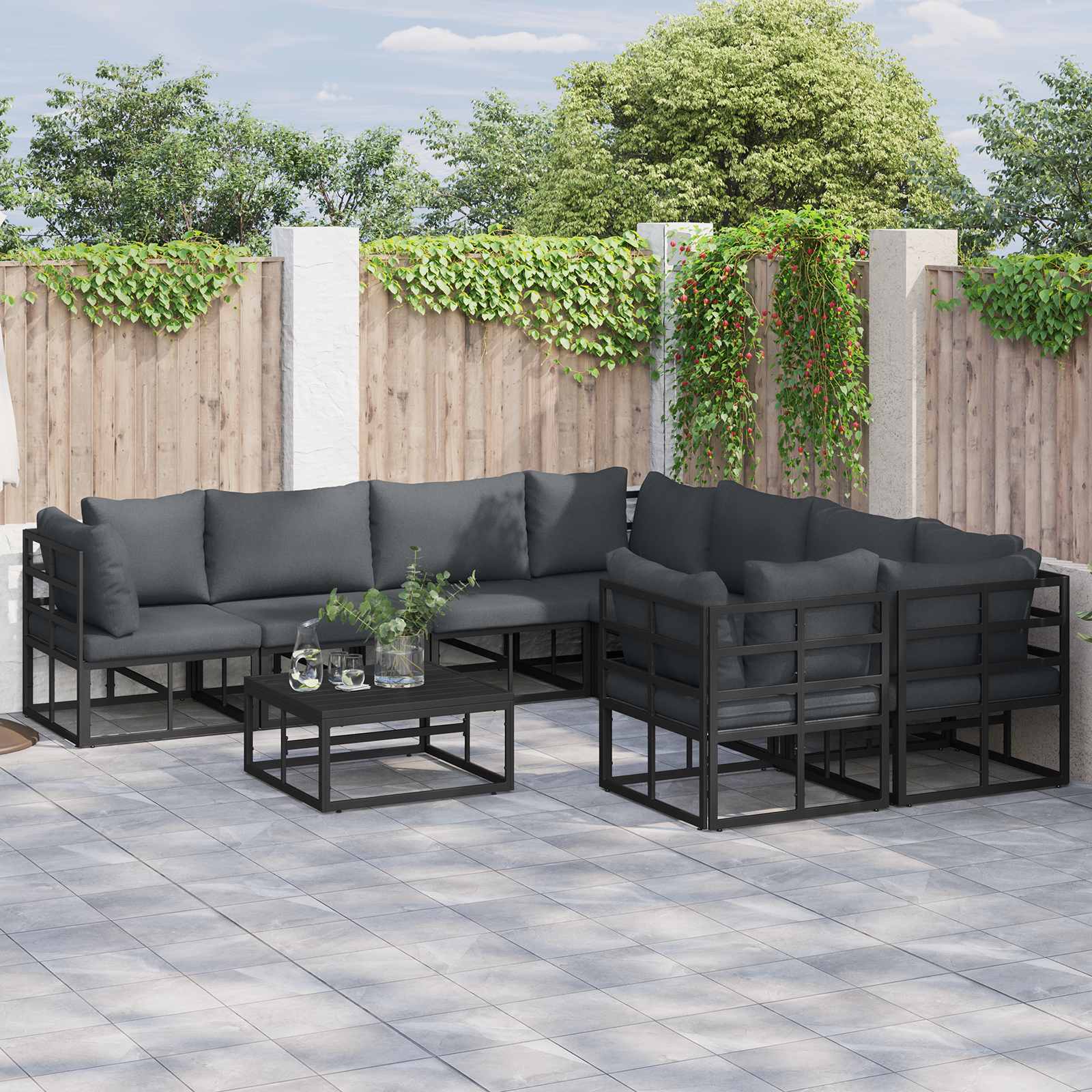 Gartensofa Set 9-teilig mit Kissen Schwarz