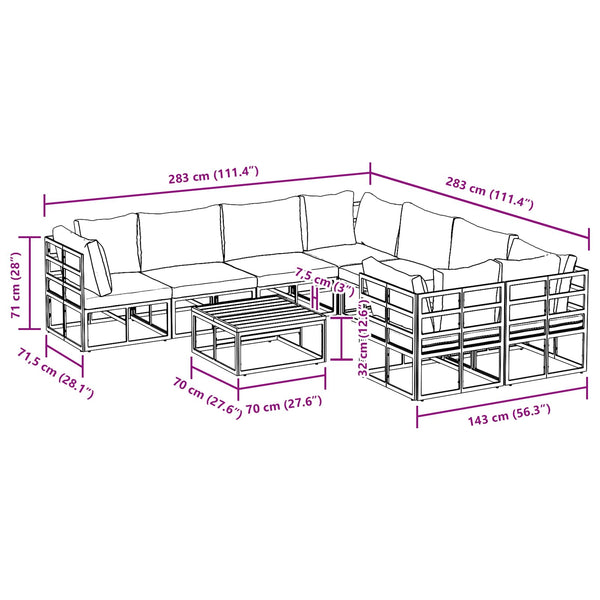 Gartensofa Set 9-teilig mit Kissen Schwarz