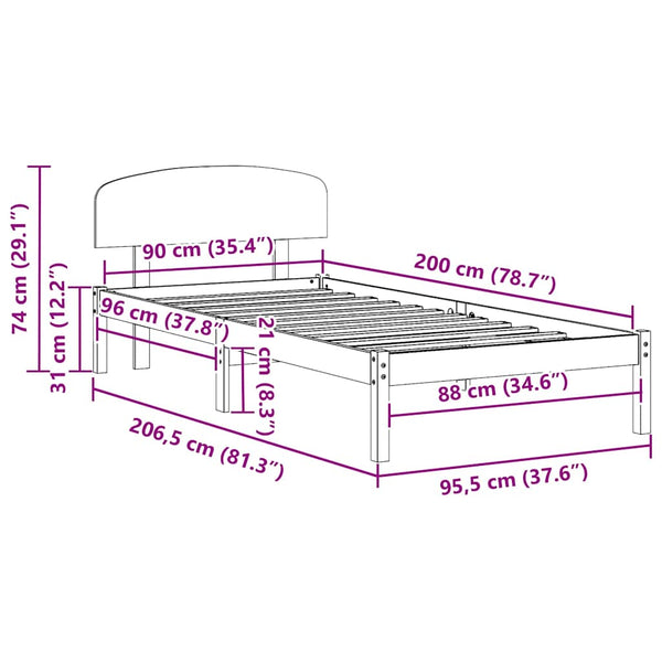vidaXL Cadre de lit avec tête de lit Naturel 90 x 200 cm Bois de pin massif