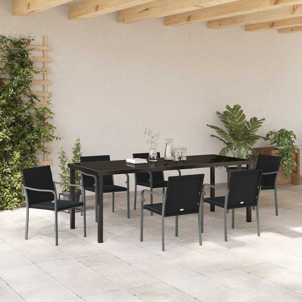 7-teilige Garten Essgruppe Schwarz Grau Rattan
