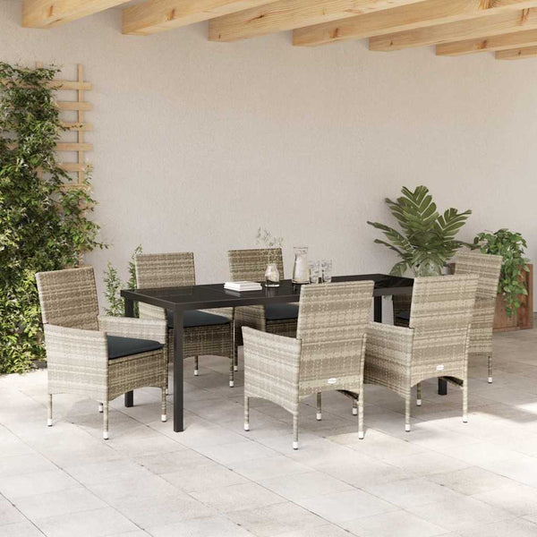 Garten Essgruppe 7-teilig Hellgrau Poly-Rattan mit Kissen