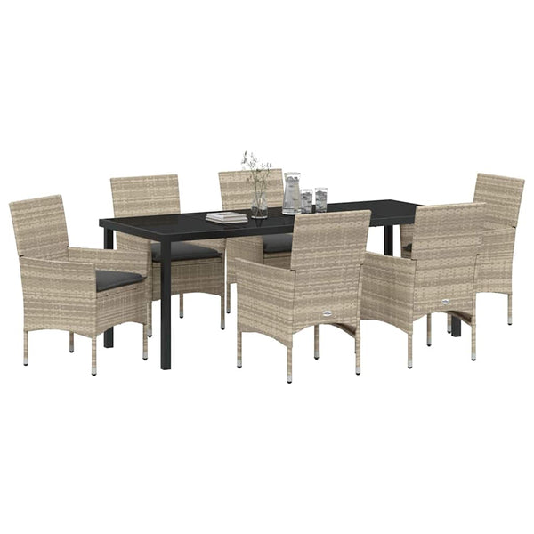 Garten Essgruppe 7-teilig Hellgrau Poly-Rattan mit Kissen