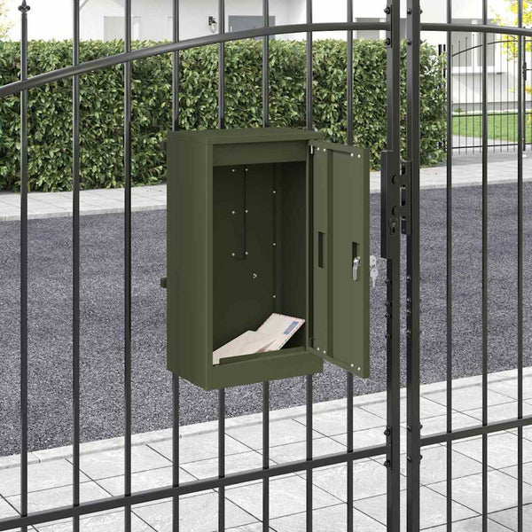 Olivgrüner Briefkasten mit Stauraum