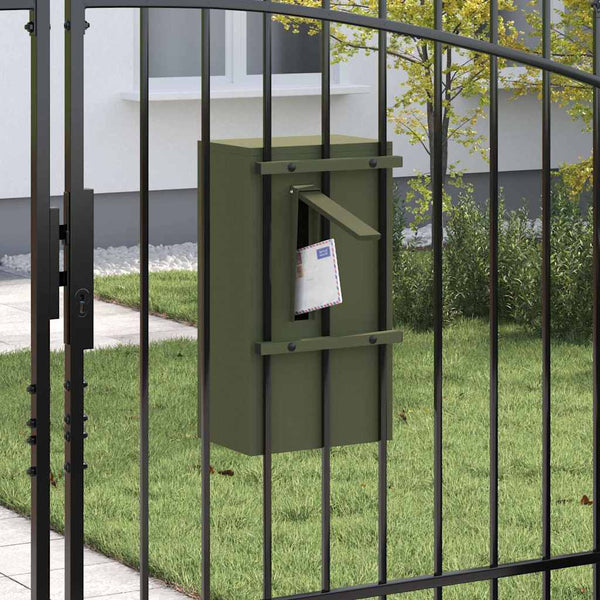 Olivgrüner Briefkasten mit Stauraum