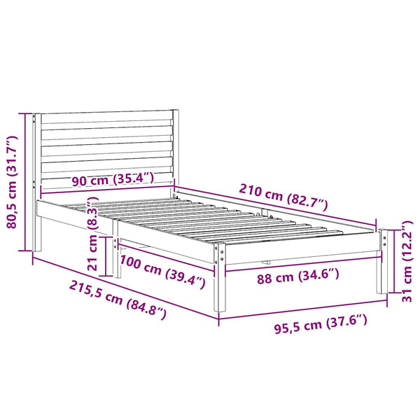 Bettrahmen Kiefer 90x210 cm Wachsbraun