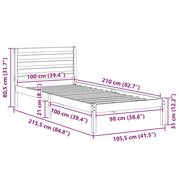 Bettrahmen Kiefer 100x210 cm Wachsbraun