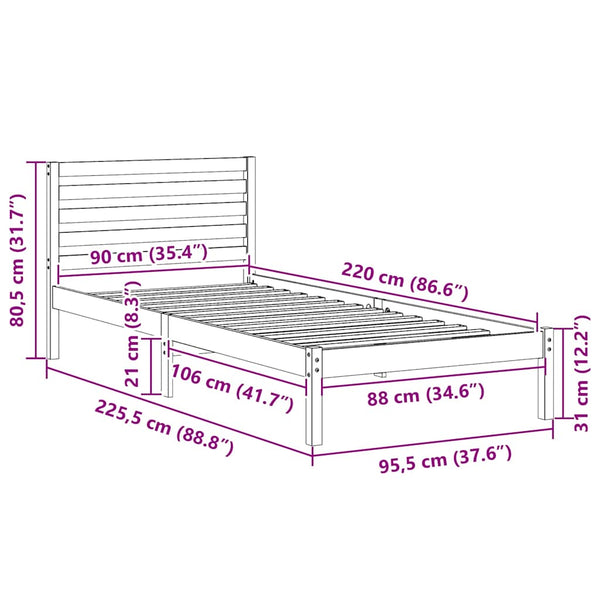 Bettrahmen Kiefer 90x220 cm Wachsbraun