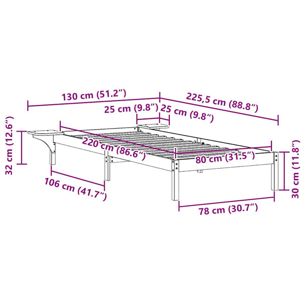 Bettgestell 80x220 cm mit Nachttischen, Wachsbraun
