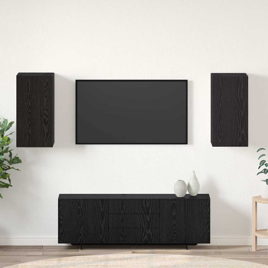 Wand TV-Schrank Set Schwarz Eichenoptik