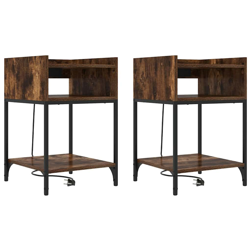 Nachttisch mit Regal, 2er Set, Geräucherte Eiche