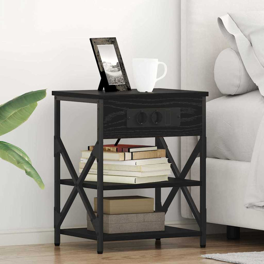 Nachttisch mit Regal, 2er-Set, Schwarz/Eiche
